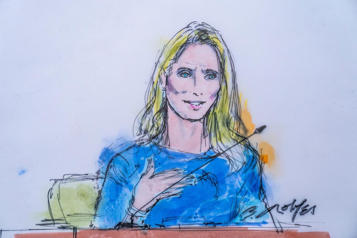 In this courtroom sketch, Jennifer Siebel Newsom, a documentary filmmaker and the wife of California Gov. Gavin Newsom, takes the stand at the trial of Harvey Weinstein in Los Angeles, Monday, Nov. 14, 2022.