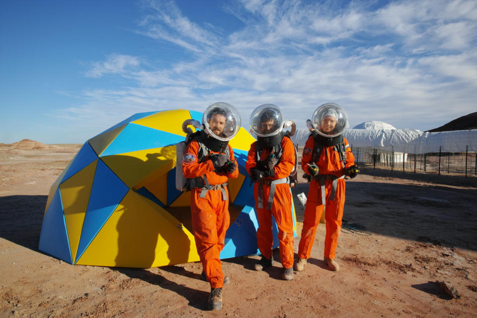 The Martian Space Construction Company: Our Dome Team with tools, Claude-Michel, Jon and Anastasiya. <cite>The Mars Society</cite>