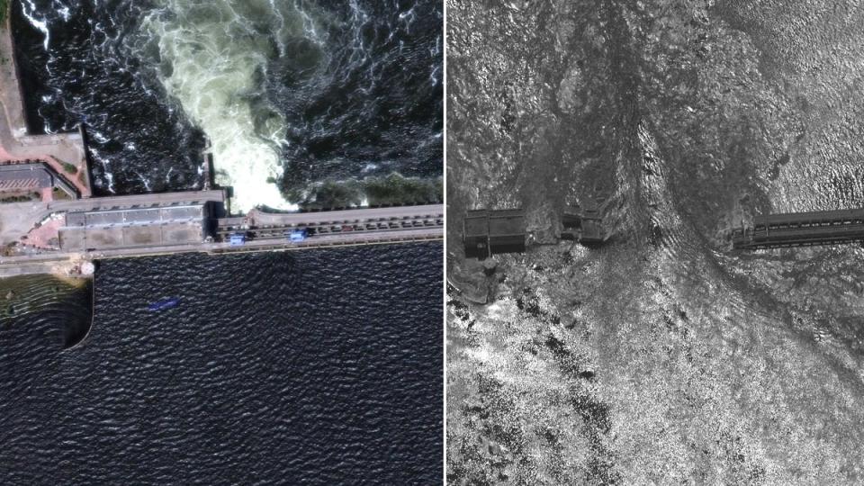 The before and after close-up views of Nova Kakhovka dam and hydroelectric power facility (Satellite image ©2023 Maxar Technologies)