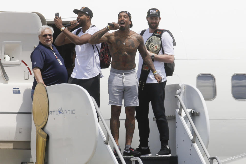 Cleveland Cavaliers teammates Kevin Love, Tristan Thompson and J.R. Smith are due $56.3 million in 2018-19, with or without LeBron James. (AP)