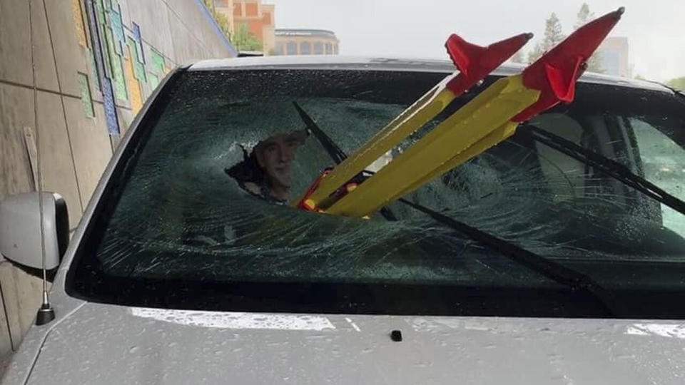 The car passenger survived after he was impaled by a tripod, pictured, on a California freeway. Source: AP