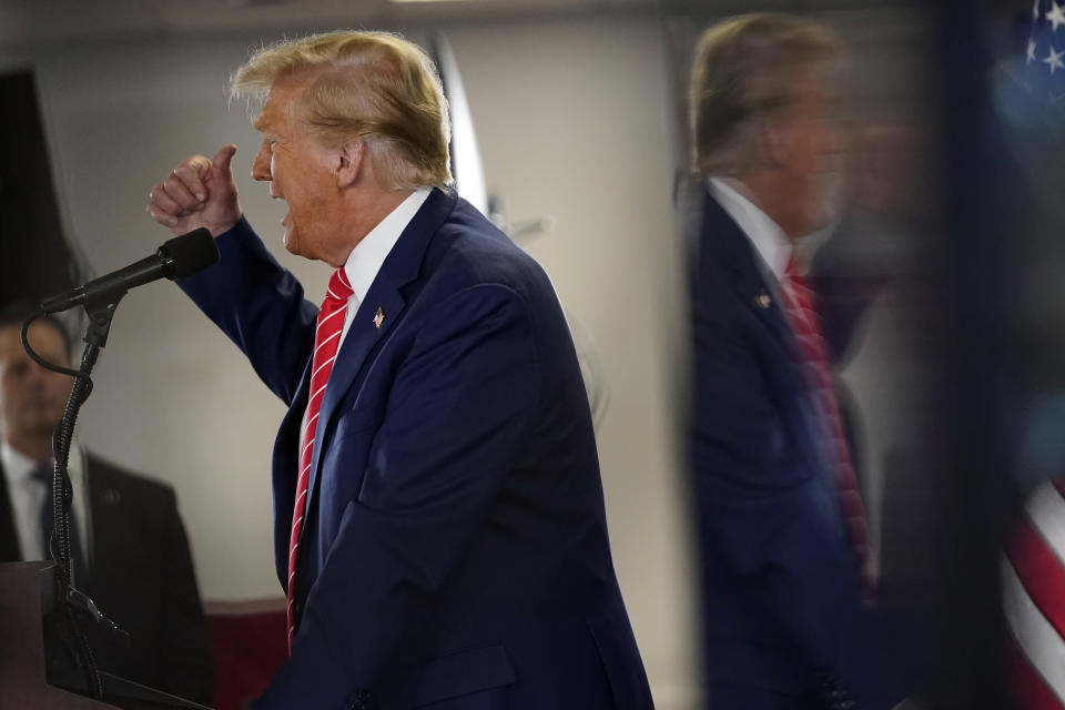 Republican presidential candidate former President Donald Trump speaks at a rally at Des Moines Area Community College in Newton, Iowa, Saturday, Jan. 6, 2024. (AP Photo/Andrew Harnik)