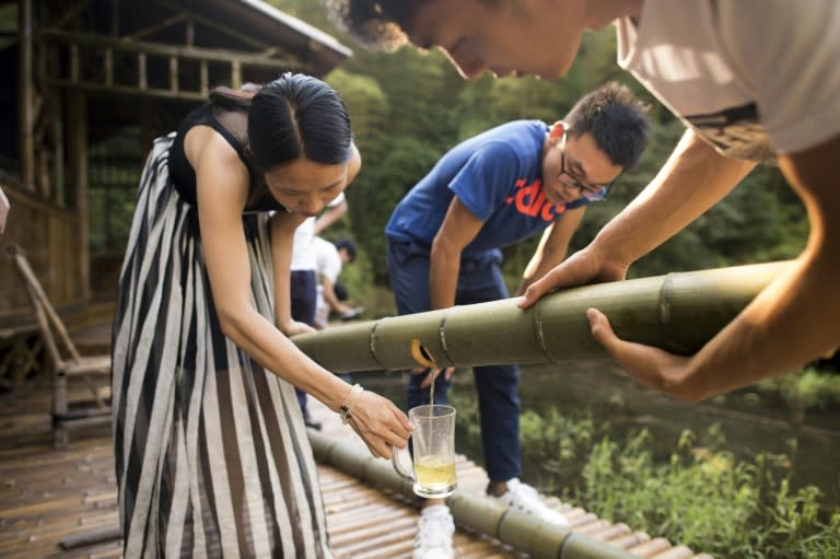 Chinese villagers leave liquor to purify inside bamboo to make alcohol