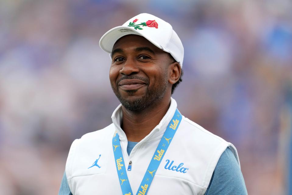 Sep 10, 2022; Pasadena, California, USA; UCLA Bruins athletic director Martin Jarmond reacts against the Alabama State Hornets in the first half at Rose Bowl. Mandatory Credit: Kirby Lee-USA TODAY Sports