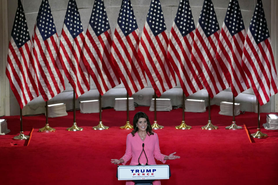 FILE - Former U.N. Ambassador Nikki Haley speaks during the Republican National Convention from the Andrew W. Mellon Auditorium in Washington, Aug. 24, 2020. (AP Photo/Susan Walsh, File)