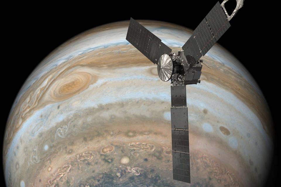 This illustration depicts NASA's Juno spacecraft soaring over Jupiter’s south pole.