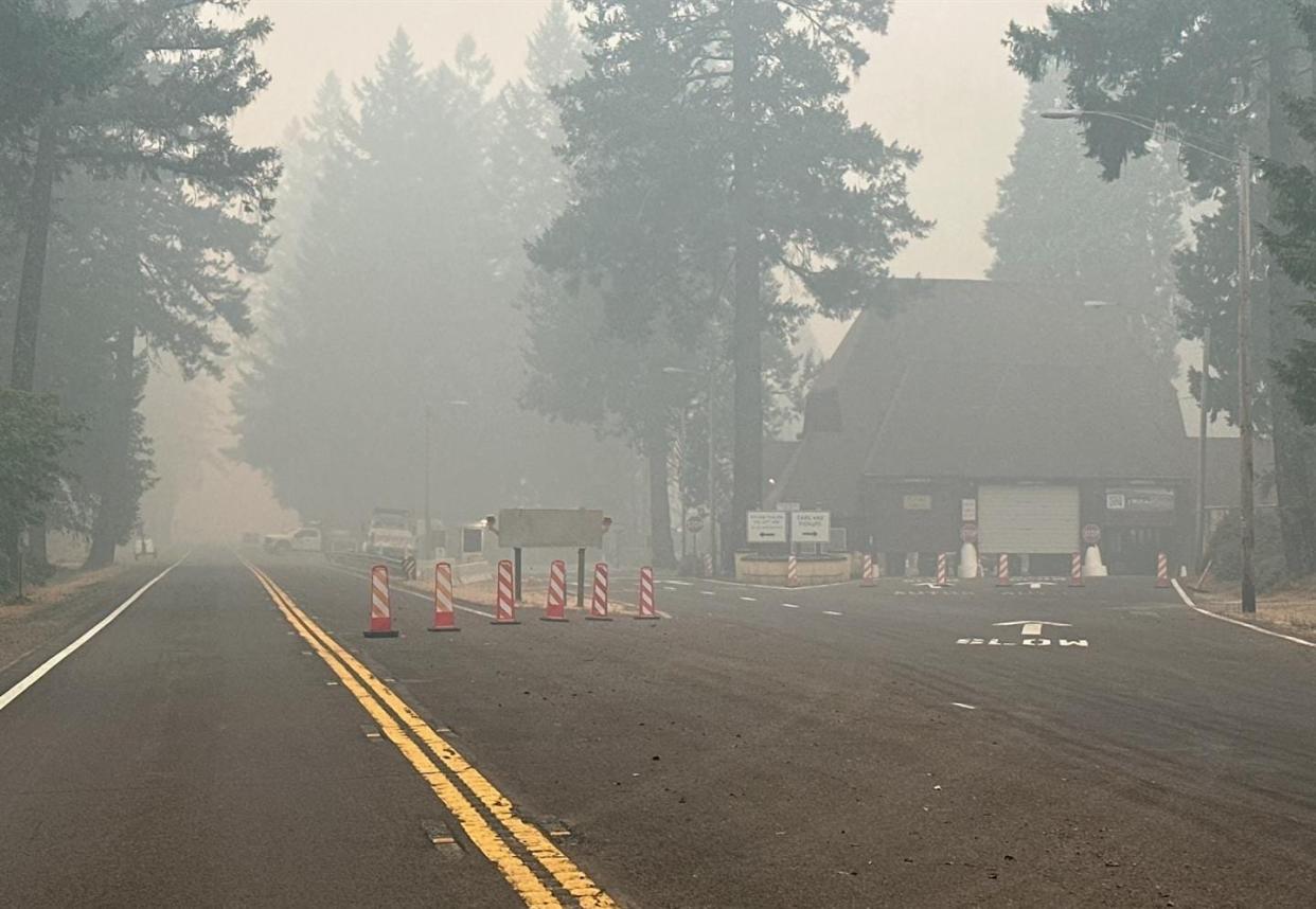 Southbound US Highway 199 was closed Aug. 16 at the Oregon-California state line due to wildfires in Northern California.