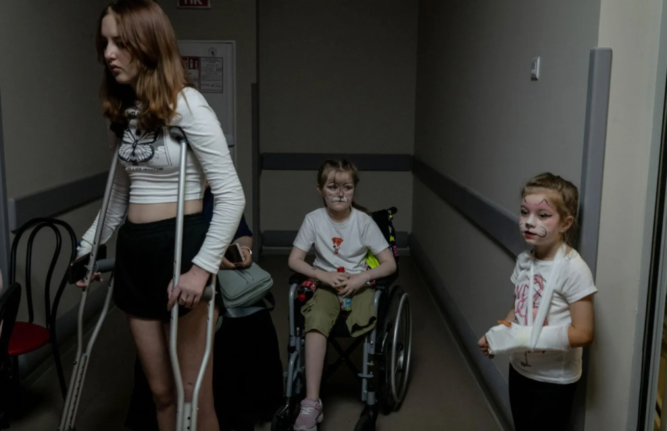 Young patients of the Okhmatdyt children's hospital with painted faces gather in the hospital's bomb shelter, Kyiv, Ukraine, June 1 <span class="copyright">Nicole Tung—The New York Times/Redux</span>