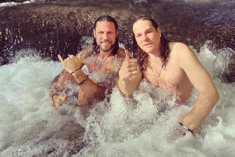 Cote, left, with his former teammate Steve Downie at a magic-mushroom retreat in Jamaica. - Credit: Courtesy of Riley Cote