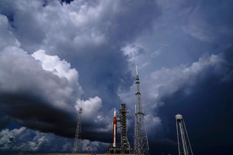 The NASA moon rocket stands on Pad 39B before a launch attempt for the Artemis 1 mission (Copyright 2022 The Associated Press. All rights reserved.)