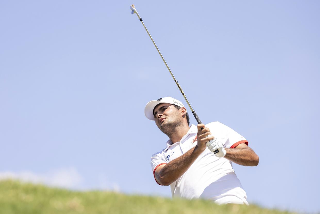 Eugenio Chacarra, of Fireballs GC, hits from the 14th tee during the quarterfinals of LIV Golf Team Championship Dallas at Maridoe Golf Club, Friday, Sept. 20, 2024, in Carrollton, Texas. (LIV Golf via AP)