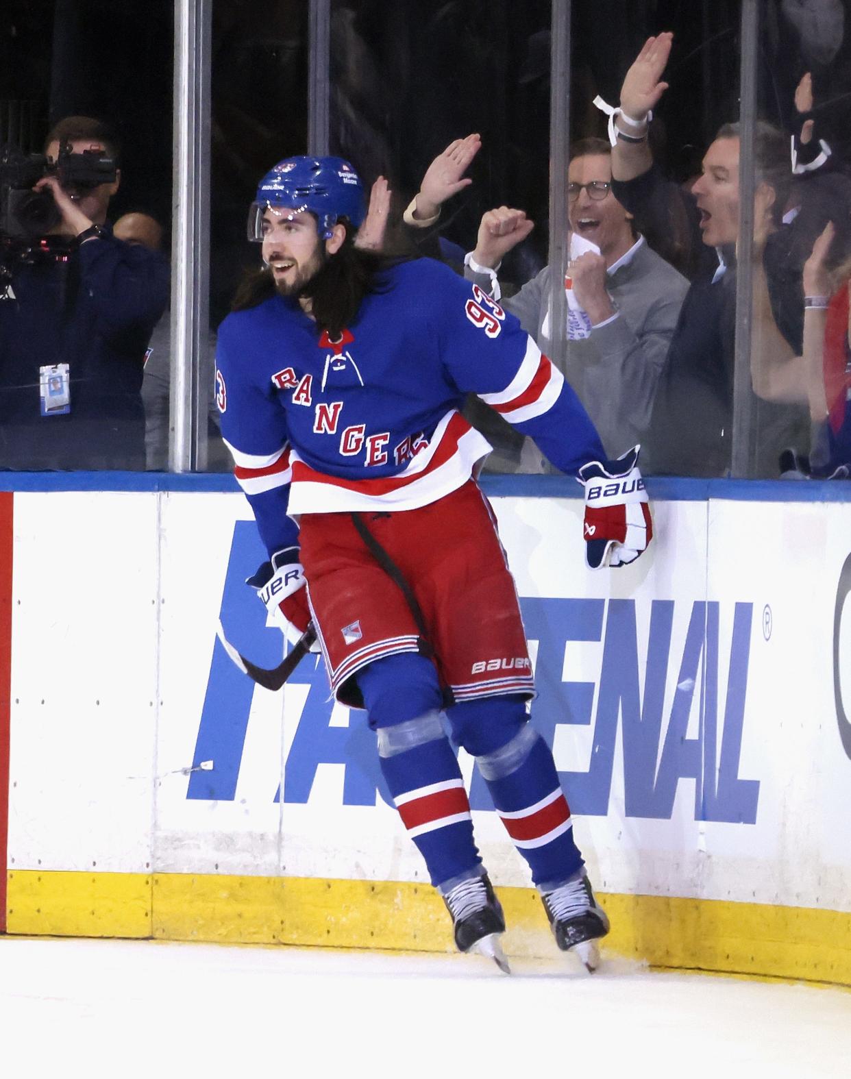 NEW YORK, NEW YORK - APRIL 23: Mika Zibanejad #93 of the New York Rangers celebrates his first period goal against the Washington Capitals in Game Two of the First Round of the 2024 Stanley Cup Playoffs at Madison Square Garden on April 23, 2024 in New York City.