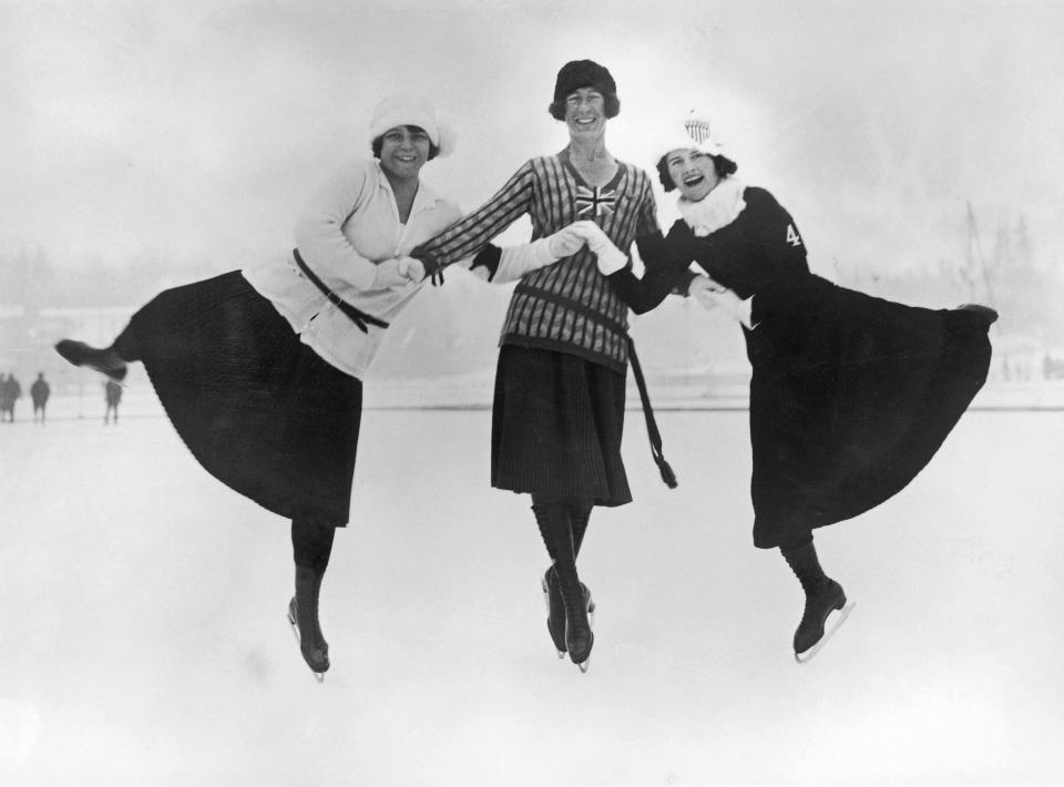 Figure skaters at the 1924 winter Olympics in Chamonix, France, 30th January 1924. Left to right: Herma Planck-Szabo of Hungary, Ethel Muckelt of Britain and Beatrix Loughran of the U.S.A. Planck-Szabo won gold, with Loughran and Muckelt taking silver and bronze respectively.