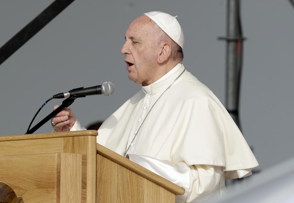 Pope Francis speaks during a meeting with young people and families, in Iasi, Romania, Saturday, June 1, 2019. Francis began a three-day pilgrimage to Romania on Friday that in many ways is completing the 1999 trip by St. John Paul II that marked the first-ever papal visit to a majority Orthodox country. (AP Photo/Andrew Medichini)