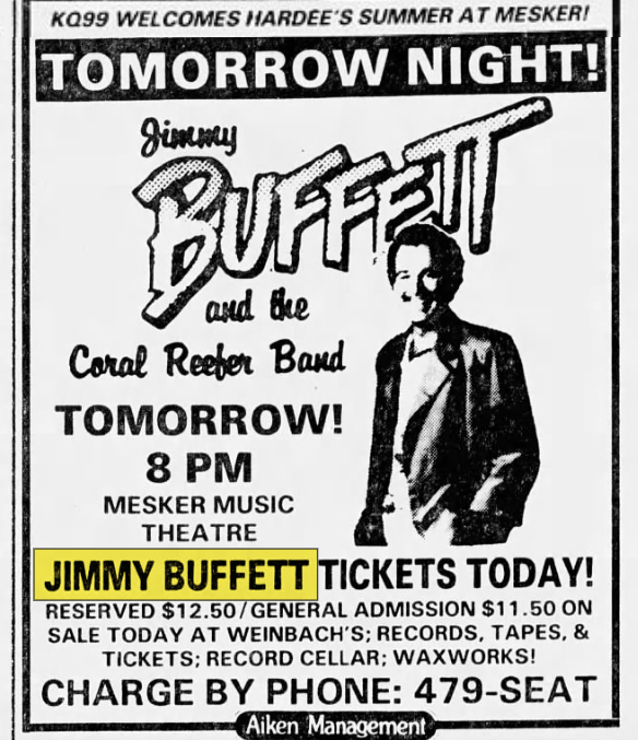 A newspaper ad promotes a Jimmy Buffett concert at Evansville's Mesker Amphitheatre on July 2, 1985.