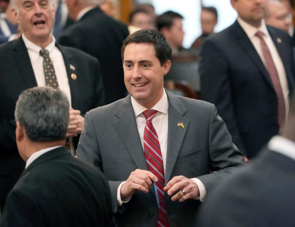 Ohio Secretary of State Frank LaRose enters the chambers of the Ohio House of Representatives before Gov. Mike DeWine delivered his State of the State address at the Ohio Statehouse in Columbus on Wednesday.