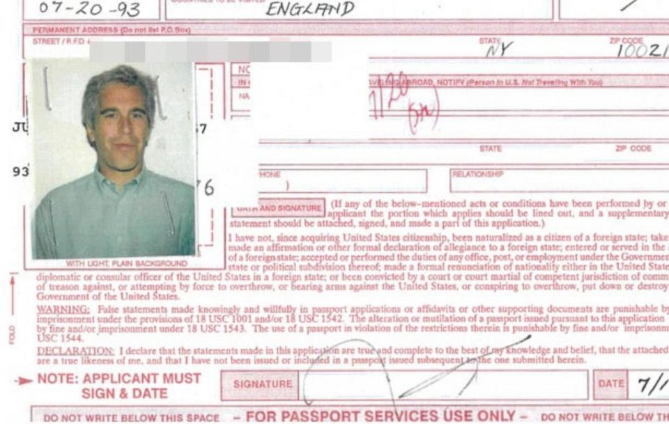 PHOTO: Epstein's 1993 passport application shows his hair graying and his fortunes improving. His listed address is East 69th in New York City.  (U.S. State Department)