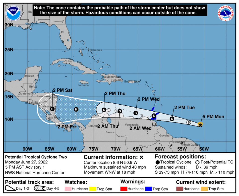 The hurricane center is tracking Potential Tropical Cyclone Two, which is expected to become Tropical Storm Bonnie on Tuesday.