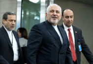 Iranian Foreign Minister Mohammad Javad Zarif arrives for the 74th session of the United Nations General Assembly, at U.N. headquarters, Monday, Sept. 23, 2019. (AP Photo/Craig Ruttle)