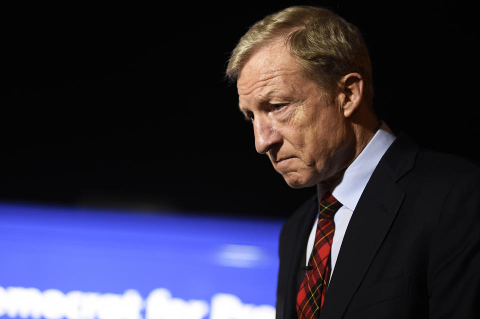 Democratic presidential hopeful Tom Steyer takes questions from reporters before a campaign event in Florence, S.C., Saturday, Jan. 18, 2020. (AP Photo/Meg Kinnard)