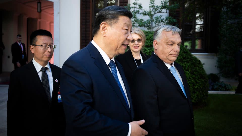 Chinese leader Xi Jinping talks with Hungarian Prime Minister Viktor Orban in Budapest on May 9. - Vivien Cher Benko/Pool/AFP/Getty Images