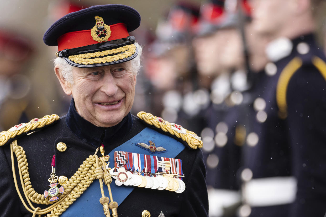  Britain's King Charles III inspects the 200th Royal Military Academy Sandhurst Sovereign's Parade and presents the new Colours and Sovereign's Banner to the receiving Ensigns in Camberley, England, Friday, April 14, 2023. King Charles III will be crowned Saturday, May 6, 2023 at Westminster Abbey in an event full of all the pageantry Britain can muster.  