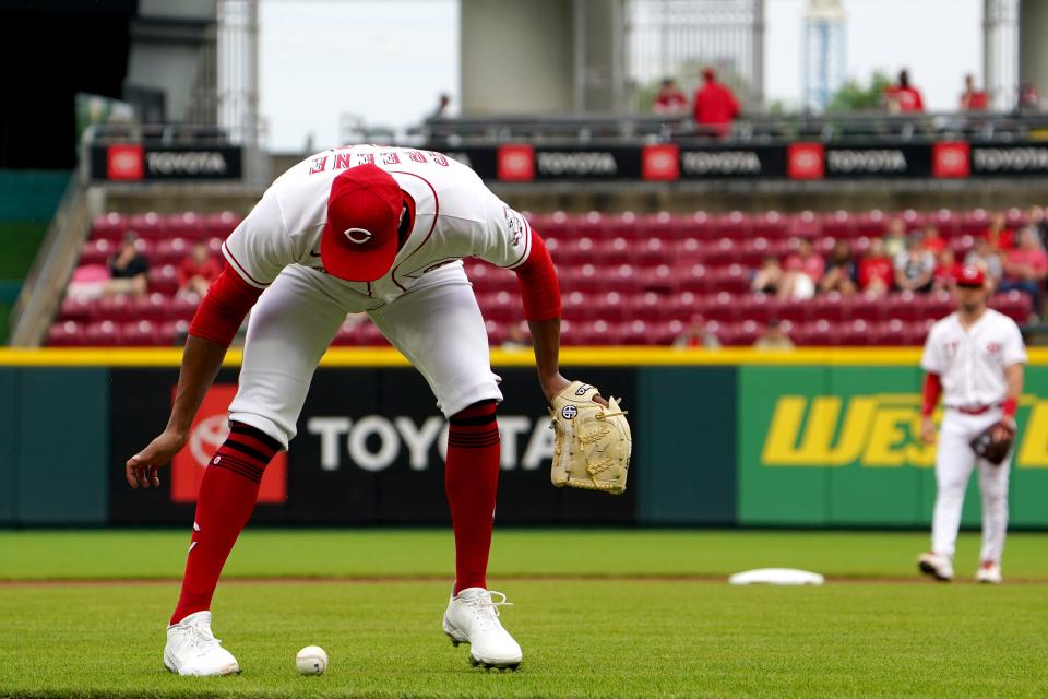 Cincinnati Reds starting pitcher Hunter Greene (21) allows a ball to stay fair on a bunt by Arizona Diamondbacks designated hitter Daulton Varsho (12) (not pictured) in the first inning of a baseball game, Monday, June 6, 2022, at Great American Ball Park in Cincinnati. 