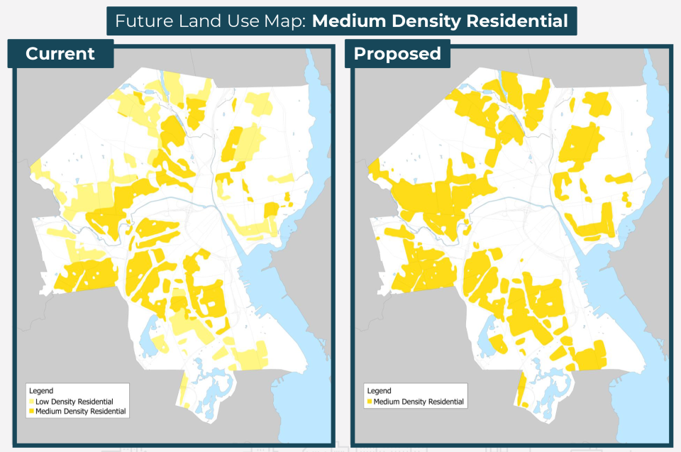 This map shows where duplex zoning would turn into triplex zoning under proposed zoning changes, part of the comprehensive plan. The map on the left is the current zoning and on the right is where triplex zoning would be if the changes are approved.