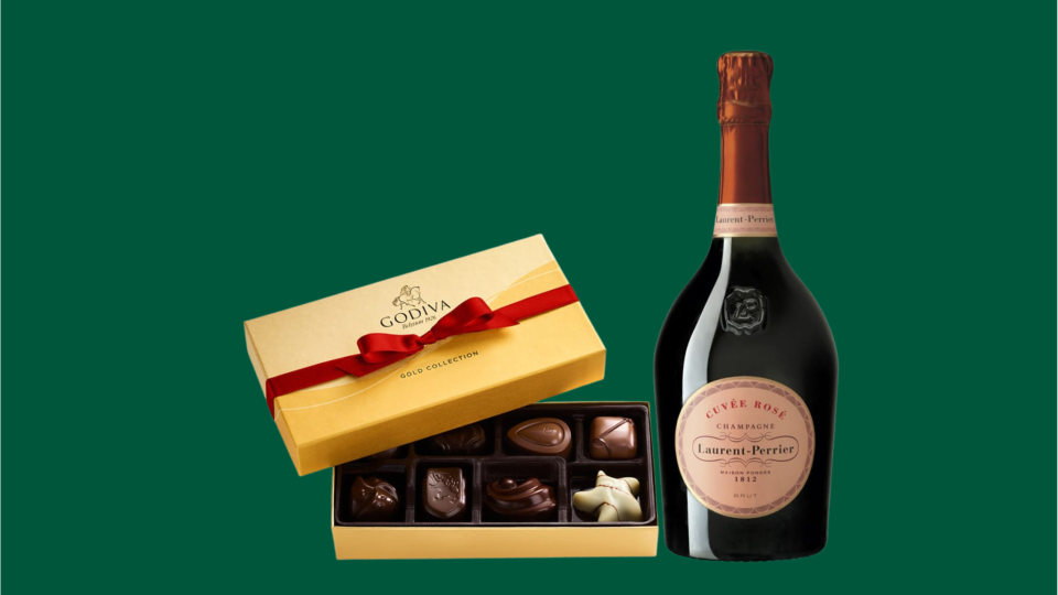 Give the gift of La Vie en Rose with this glamorous Rose and Godiva chocolate combo from Wine.com