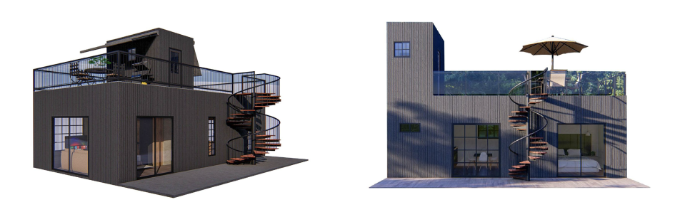 An example of a pre-fabricated home sold at Home Depot in June, 2023, for roughly $44,000. The "Getaway Pad" steel frame home kit was produced by PLUS 1 Homes.