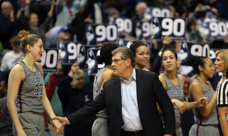 Geno Auriemma and UConn star Katie Lou Samuelson celebrated win No. 90 on Tuesday against USF. They broke their own record with No. 91 Saturday at SMU. (Getty)