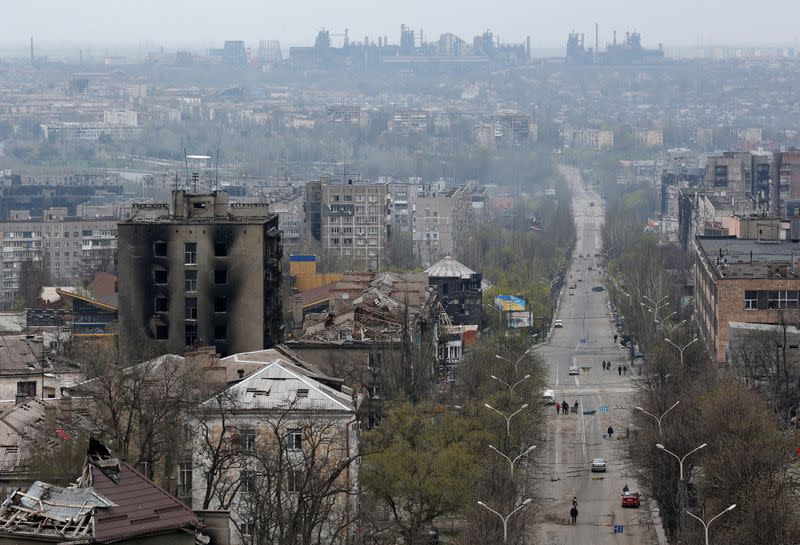 A view shows damaged buildings in Mariupol