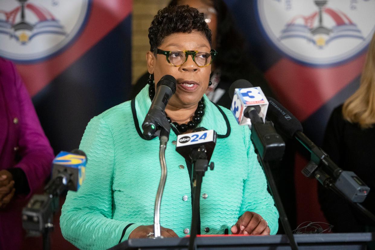 Memphis-Shelby County Schools school board chair Althea Greene speaks to the media after the board selected Marie Feagins, the chief of leadership and high schools, executive director of high school transformation, and special assistant to the superintendent for the Detroit Public Schools Community District, as the new MSCS superintendent in Memphis, Tenn., on Friday, February 9, 2024.