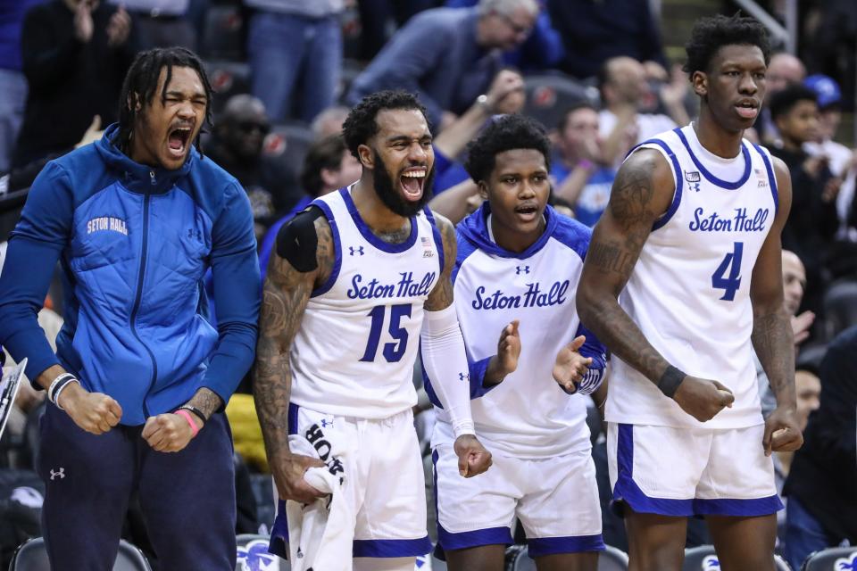 The Seton Hall Pirates bench celebrates in the first half against the Creighton Bluejays at Prudential Center. Mandatory Credit: Wendell Cruz-USA TODAY Sports