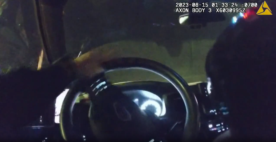 The last frame of body-worn camera from San Diego Police Officer Anthony Hair on August 15, 2023. GPS data shows the camera was turned off around the same time that he parked along Cottonwood Avenue, blocks near Las Colinas Detention Facility. (Courtesy of San Diego Police Department)