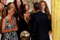 President Barack Obama talks with Brittany Griner (right) as Diana Taurasi (center) and Penny Taylor (left) look on at a ceremony honoring the 2014 WNBA champion Phoenix Mercury in the East Room at the White House. Mandatory Credit: Geoff Burke-USA TODAY Sports