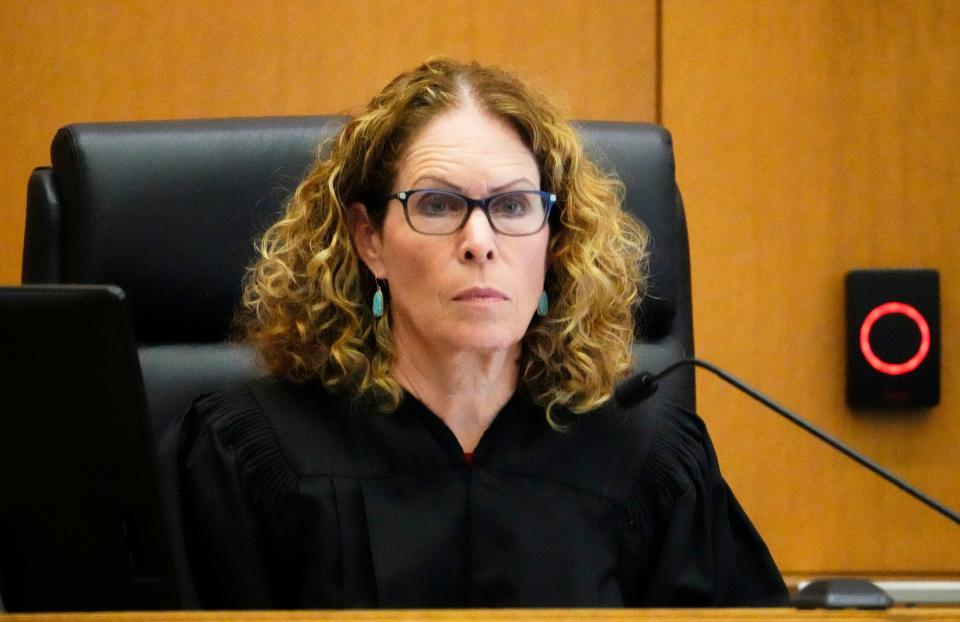 Judge Suzanne Cohen listens to opening statements in Maricopa County Superior Court in Phoenix on Oct. 3, 2022, in the trial of accused murderer Bryan Patrick Miller, the so-called "Canal Killer."