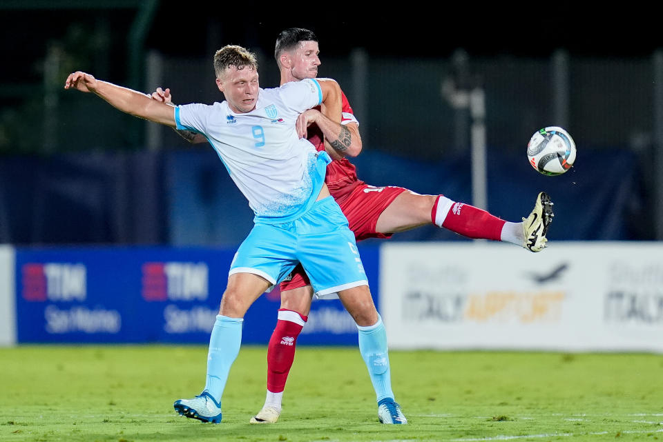 San Marino, San Marino - September 5: Nicola Nanni of San Marino and Sandro Wieser of Liechtenstein compete for the ball during the UEFA Nations League 2024/2025 League D - Group 1 match between San Marino and Liechtenstein at San Marino Stadium on September 5, 2024 in San Marino, San Marino. (Photo by Giuseppe Maffia/DeFodi Images via Getty Images)