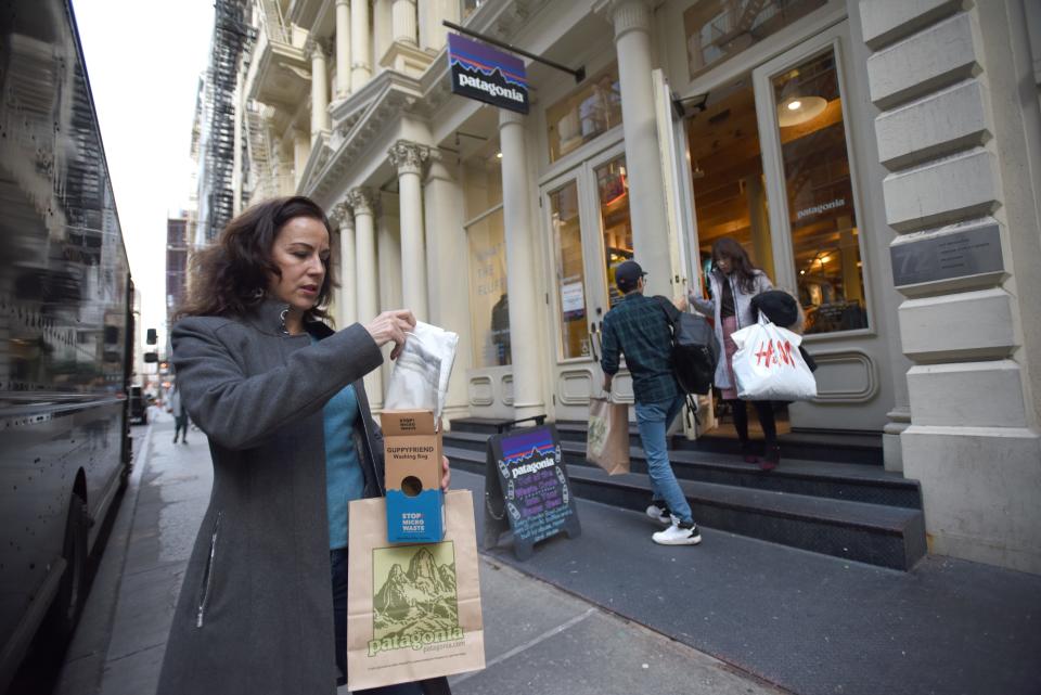 Christina Cobb was shopping at the Patagonia store in New York city which uses recycled materials in its clothing . She bought at a Guppyfriend Washing Bag.