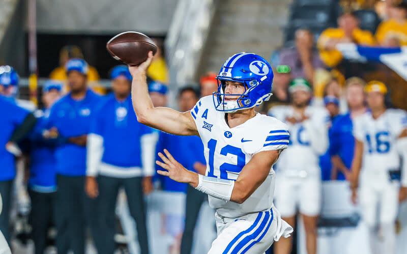 BYU quarterback Jake Retzlaff throws the ball during a game against Wyoming on Sept. 14, 2024, in Laramie. | BYU Photo