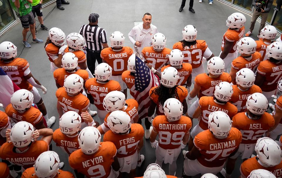 Texas Longhorns head coach Steve Sarkisian brings his team to the field to play against Kansas State Wildcats at the start of an NCAA college football game, Saturday, Nov. 4, 2023, in Austin, Texas. Syndication: Austin American-Statesman