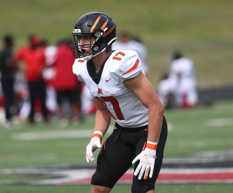 Anderson linebacker Brody Foley (17) lines up during their scrimmage against Hughes, Friday, Aug. 6, 2021.