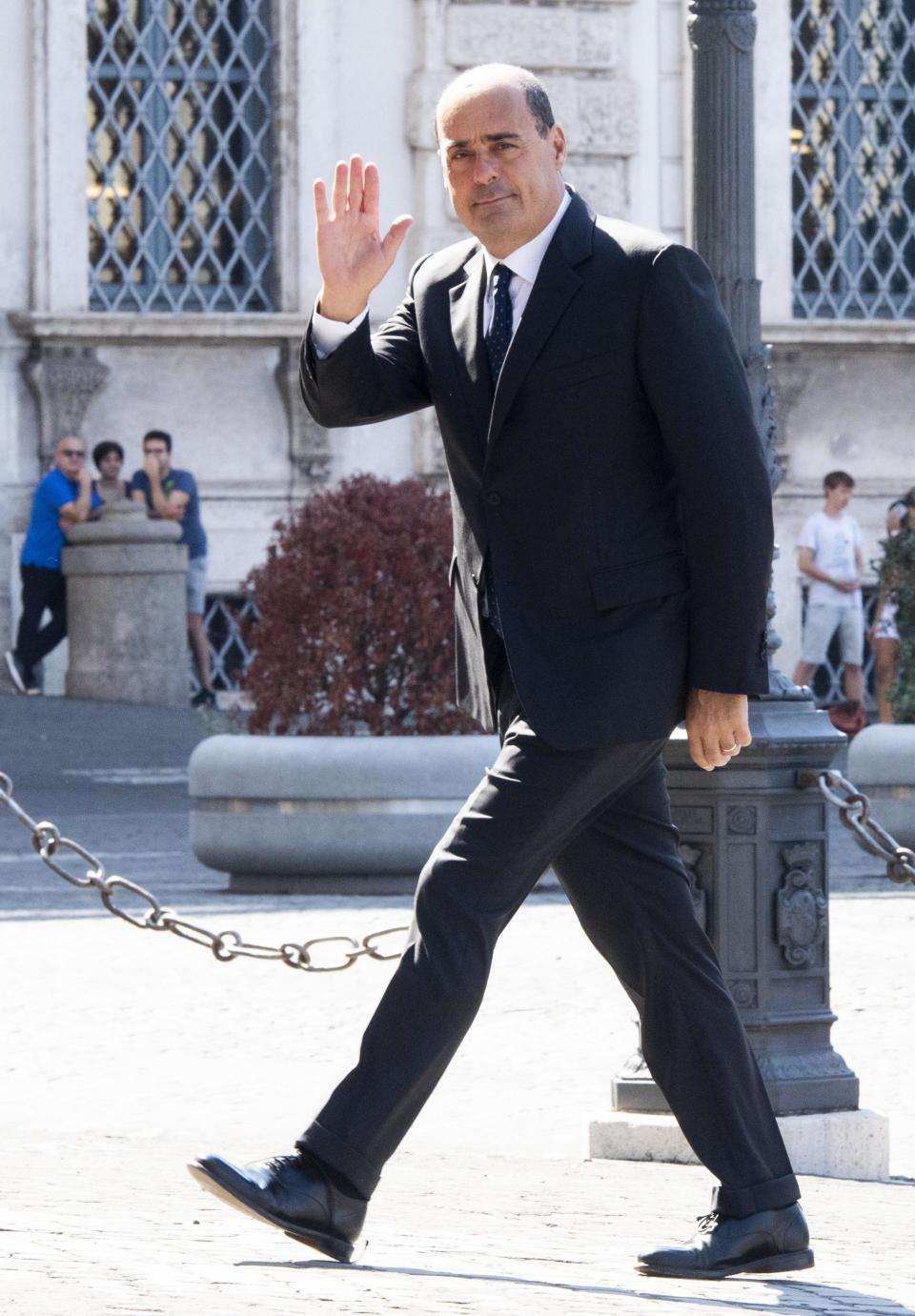 Democratic Party leader Nicola Zingaretti arrives at Quirinale palace for a meeting with Italian President Sergio Mattarella, in Rome, Thursday, Aug. 22, 2019. President Sergio Mattarella continued receiving political leaders Thursday, to explore if a solid majority with staying power exists in Parliament for a new government that could win the required confidence vote. (Claudio Peri/ANSA via AP)