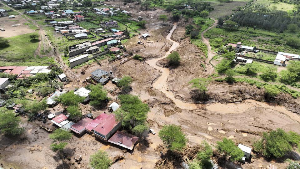 A drone view shows damaged houses after heavy flash floods wiped out several homes when a dam burst, following heavy rains in Kamuchiri village of Mai Mahiu, Nakuru County, Kenya on April 29, 2024. - Edwin Waita/Reuters