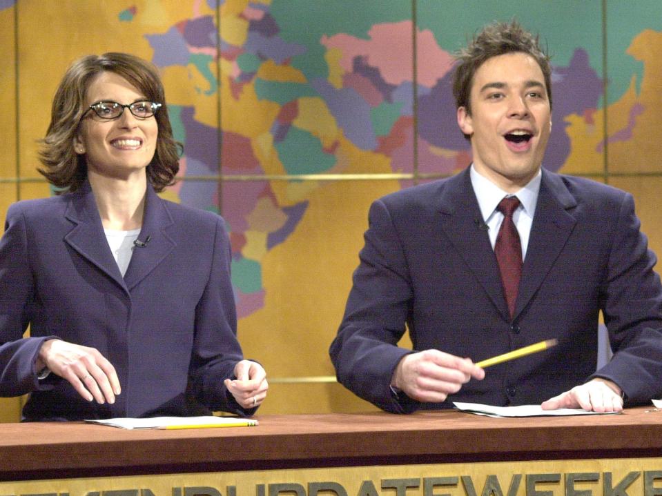 Tina Fey and Jimmy Fallon at the Weekend Update desk in 2002Rex Features