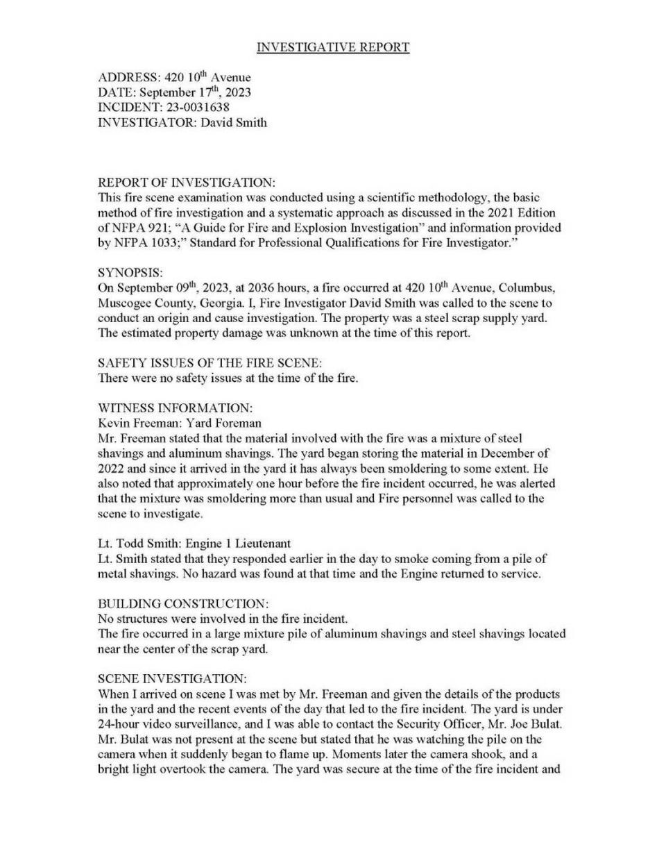 Page 1 of the Investigative Report filed by David Smith of Columbus Fire for the incident at 420 10th Ave., Columbus, Georgia on September 17th, 2023.