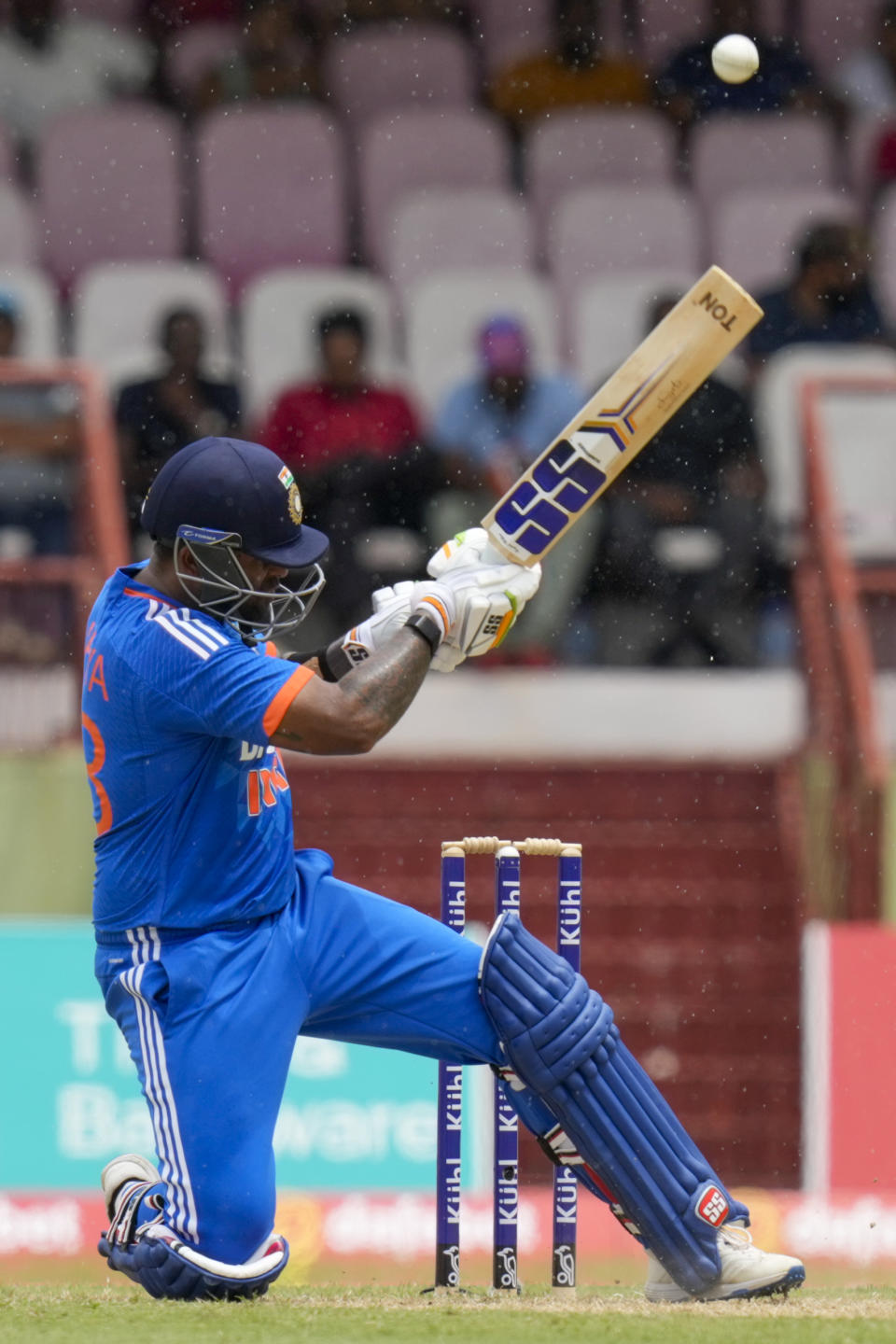 India's Suryakumar Yadav hist six against West Indies during the third T20 cricket match at Providence Stadium in Georgetown, Trinidad and Tobago, Tuesday, Aug. 8, 2023. (AP Photo/Ramon Espinosa)