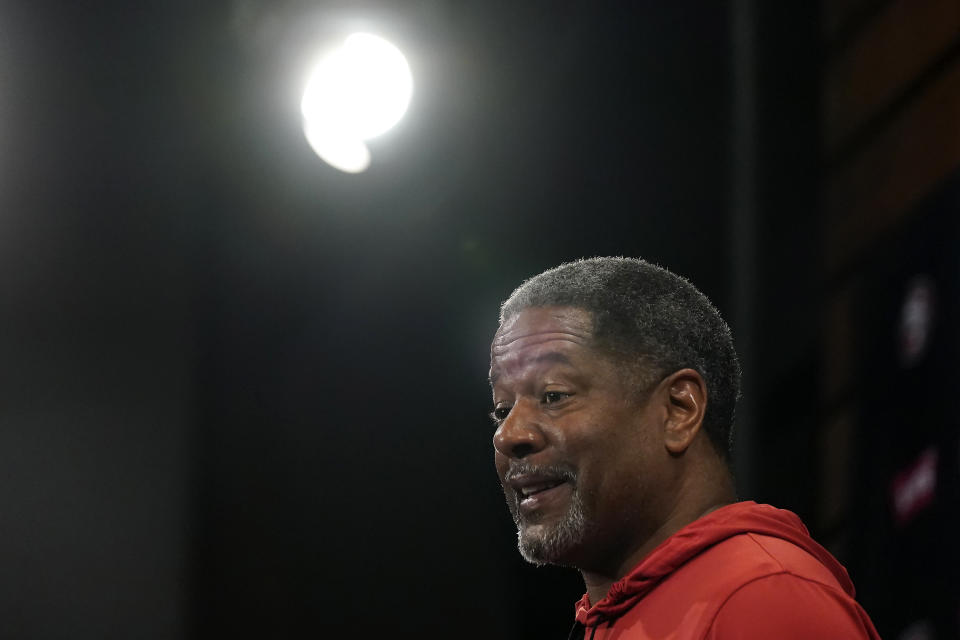 San Francisco 49ers defensive coordinator Steve Wilks speaks to reporters before the NFL football team's rookie minicamp in Santa Clara, Calif., Friday, May 12, 2023. (AP Photo/Jeff Chiu)