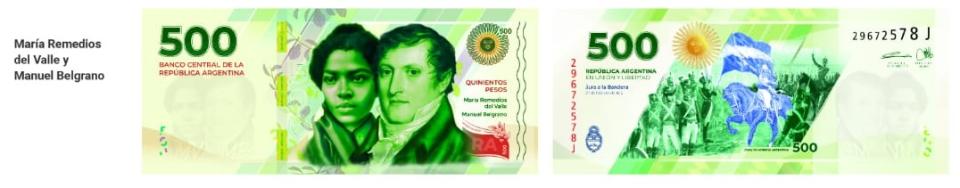 En el billete de $500 están las figuras de María Remedios del Valle y Manuel Belgrano