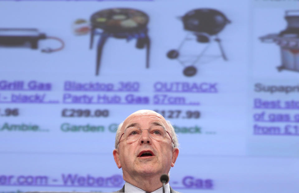 European Commissioner for Competition Joaquin Almunia addresses the media, at the European Commission headquarters in Brussels, Wednesday, Feb. 5, 2014. The European Union's antitrust watchdog says Google is offering new and far-reaching concessions to address allegations it is abusing its dominant position in Internet searches. The EU's executive said Wednesday that Google guarantees it will display results from three competitors in a similar way whenever it promotes its own specialized search services like Google shopping. (AP Photo/Yves Logghe)